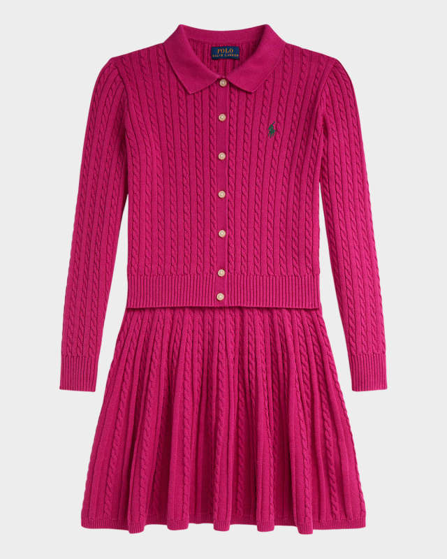 Girl's Cable-Knit Polo Cardigan & Skirt Set, Size S-XL